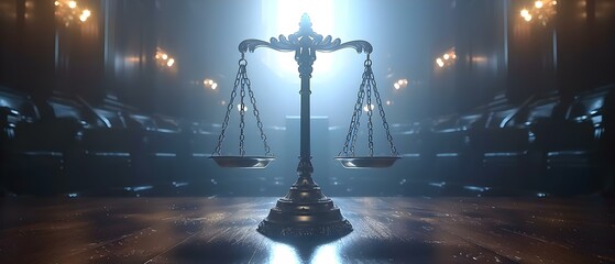 Solemn Balance of Justice in a Dim Courtroom. Concept Law and Justice, Courtroom Drama, Legal System, Solemnity, Balance - obrazy, fototapety, plakaty