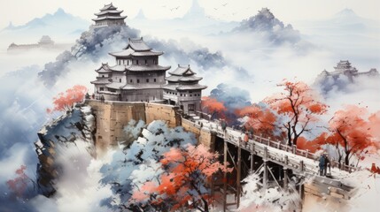 ancient chinese architecture landscape painting - obrazy, fototapety, plakaty