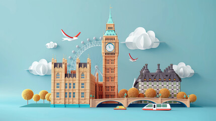 3d illustrator vector of Big Ben tower, Westminster palace, London Eye ferris wheel with cruise transportation on river thames in city of London, England - obrazy, fototapety, plakaty