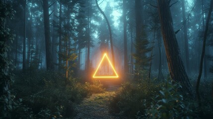 Neon triangle glowing in a misty forest at night