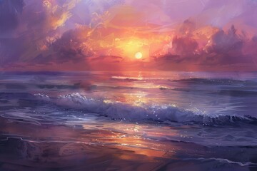 a digital artwork depicting the calm majesty of a sunset gracing the ocean's horizon.