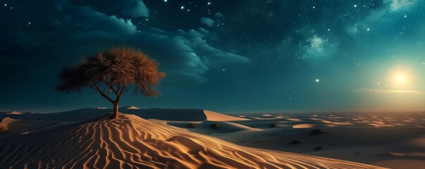 Lone tree in a desert under starry night sky with rising sun