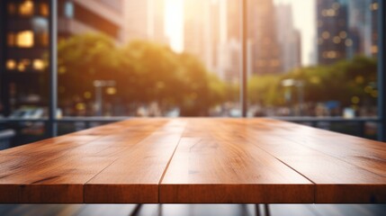 An empty wooden table with blurred cityscape background