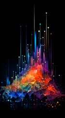 3D rendering of a mountain of colorful polygonal shapes with a dark background
