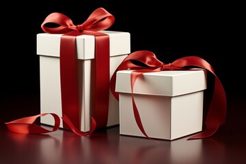 Two white gift boxes with red ribbons on a dark red background