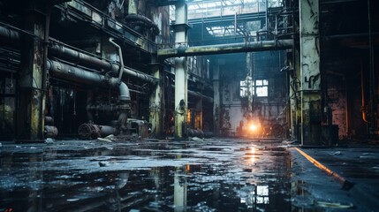 An abandoned factory building with water on the floor