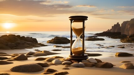That sounds like a stunning image! The contrast between the golden hourglass and the rocky shores of the beach creates a beautiful scene. The gold casing of the hourglass catches the warm sunlight, sh