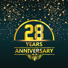 28 year anniversary template design with golden number and ring for birthday celebration event, invitation, banner poster, flyer, and greeting card, vector template