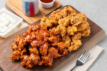 Chicken, chicken, fried, seasoning, green onion, sauce, spicy, drink, radish, soy sauce, boneless