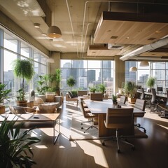 An open office space with a large conference table, several smaller seating areas, and lots of plants