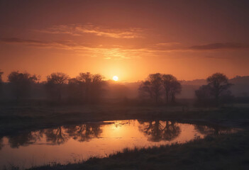Fototapeta premium Sunrise on a plain, golden hour, vegetation