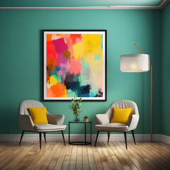 Modern living room interior with abstract art: Elegant furniture and colorful painting
