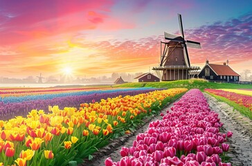 A colorful tulip field with windmills in the background  - obrazy, fototapety, plakaty