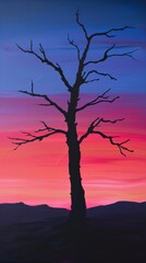 Silhouette of a leafless tree against a colorful sunset sky - obrazy, fototapety, plakaty