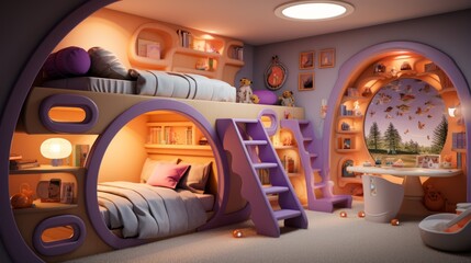 A cozy and colorful bedroom with a bunk bed, ladder, and lots of pillows and toys