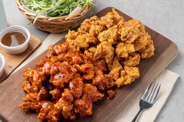 Chicken, chicken, fried, seasoning, green onion, sauce, spicy, drink, radish, soy sauce, boneless