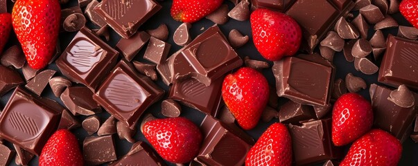 Assorted chocolate pieces with fresh strawberries - obrazy, fototapety, plakaty