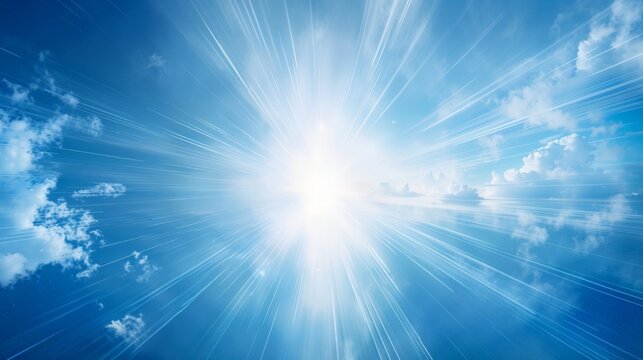 Brilliant sunburst with lens flare against a blue sky during midday, god rays piercing through wisps of clouds, creating a powerful lens flare effect. The clear sky radiates with shades of blue
