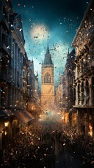 People celebrating New Year's Eve in a European city street