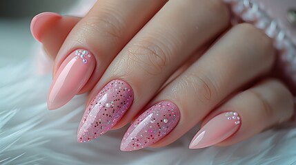 Close up of pink nail design on womans fingers using nail polish