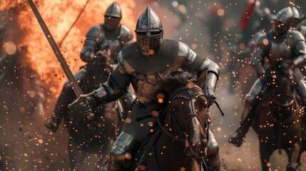 Epic scene of armored knights on horseback charging through flames and smoke on a medieval battlefield - obrazy, fototapety, plakaty