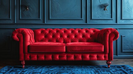 red velvet sofa on blue background