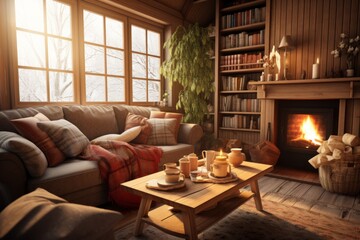Cozy living room with fireplace and large windows - obrazy, fototapety, plakaty