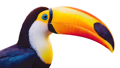 Toucan beak bold and colorful close up, isolated on a white backdrop. - obrazy, fototapety, plakaty