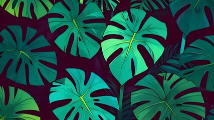 Illustration of neon Monstera Deliciosa leaves growing in the tropical forest for a creative design element. Generative AI