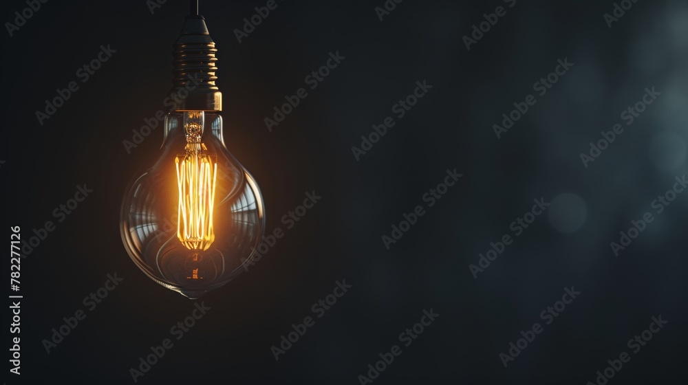 Poster glowing filament bulb on dark background