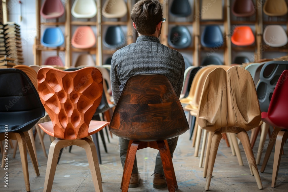 Wall mural a person sits from behind, testing different designer chairs against a backdrop of colorful chair op