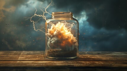 Storm captured in a glass jar on a wooden surface