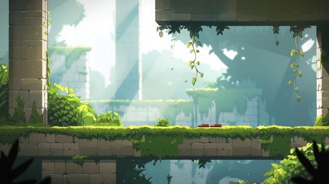 platformer video game level, 2d, flat, horizontal floor