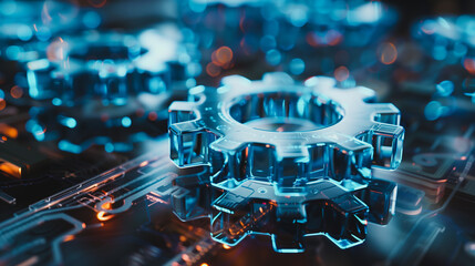 A blue gear is on a black background