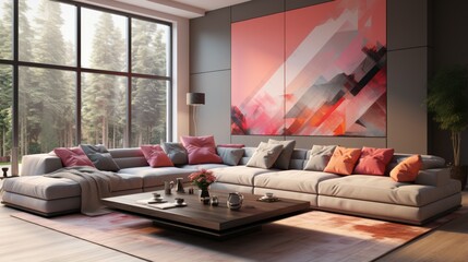 Modern living room interior with large windows and abstract painting