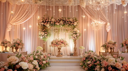 Fototapeta na wymiar Elegant Wedding Decor, Luxurious wedding reception setup with floral arrangements and candles