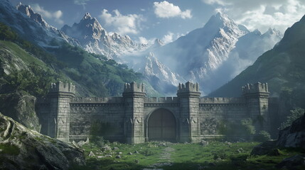Enormous Fantasy castle walls and a huge stone gate blocking a pass between two mountains - obrazy, fototapety, plakaty