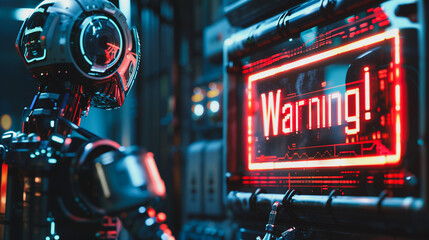A robot is looking at a sign that says Warning! - Powered by Adobe