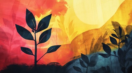 Abstract colorful artwork with stylized plants and sun