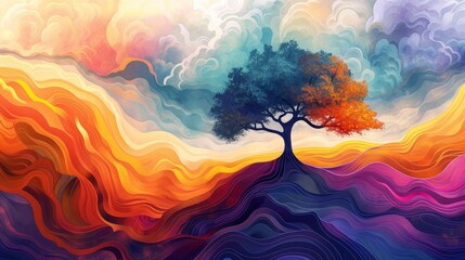 Vibrant digital art of a solitary tree with colorful stylized landscape - obrazy, fototapety, plakaty