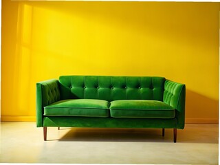 green velvet sofa on a yellow background