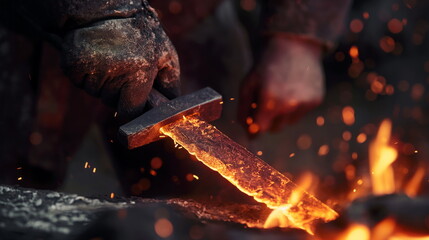 Blacksmith shapes a glowing hot sword on an anvil, surrounded by bright sparks in the evening light - obrazy, fototapety, plakaty