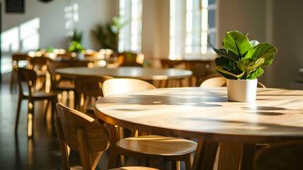 Round table and chairs made of wood in the interior design. White walls in a modern dining area. Interior design for a cafe, bar or restaurant