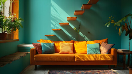 Scandinavian interior design for a contemporary living area or house. Against the teal wall beneath the staircase is an orange sofa with vibrant pillows.