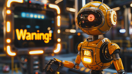 Fototapeta premium Yellow robot standing in front of a glowing sign
