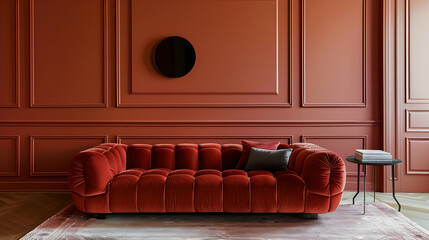 Sofa with terracotta velvet next to wall with wainscoting panelling. Modern living room interior design from the mid-century.