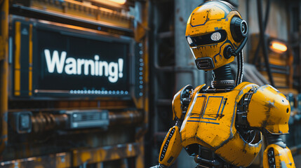 Fototapeta premium A robot is standing in front of a yellow sign that says Warning!