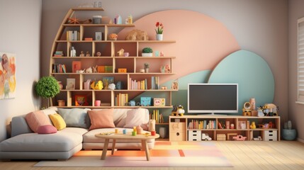 A cozy living room with a large bookshelf and a TV
