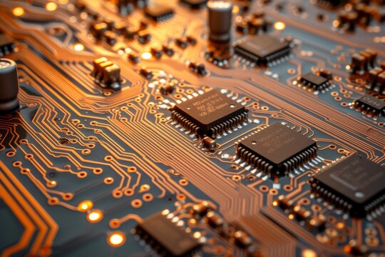 A close-up of an electronic circuit board with orange lighting