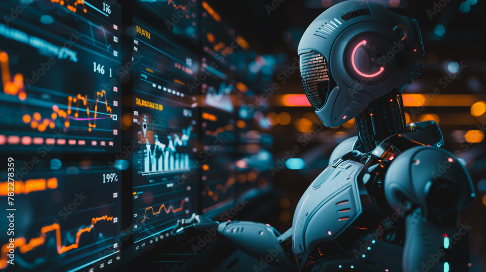 Poster a robot is looking at a computer screen with a lot of numbers and graphs